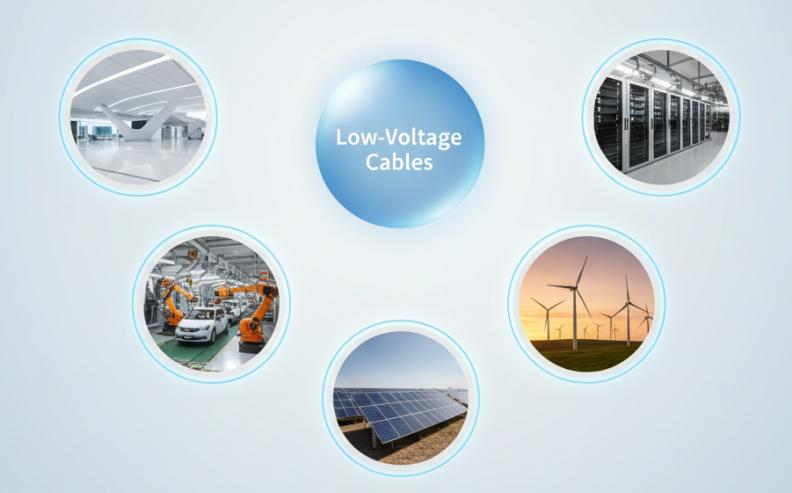 Key application scenarios for Low Voltage cables including infrastructure, industrial manufacturing, renewable energy, and data centers.